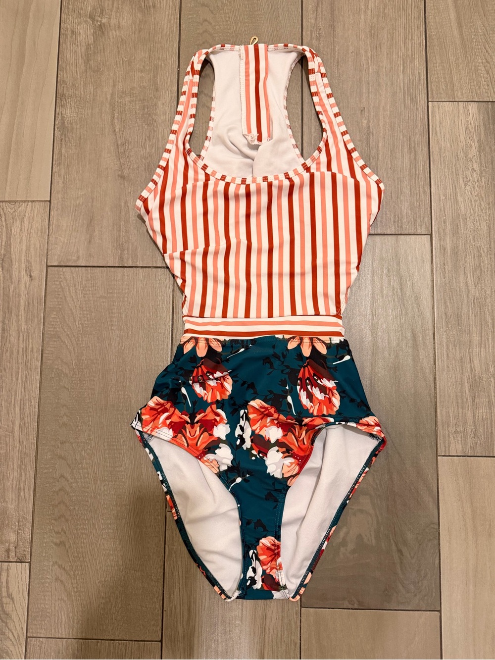 Striped & Floral One-Piece Swimsuit - Orange Stripe / Teal Floral